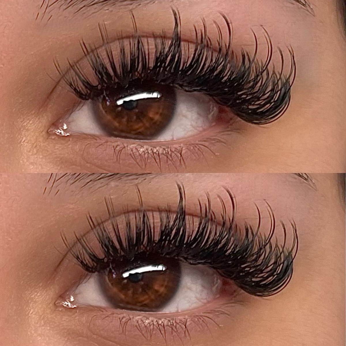 Close-up of a wet set with glossy, spiky lashes over a brown eye